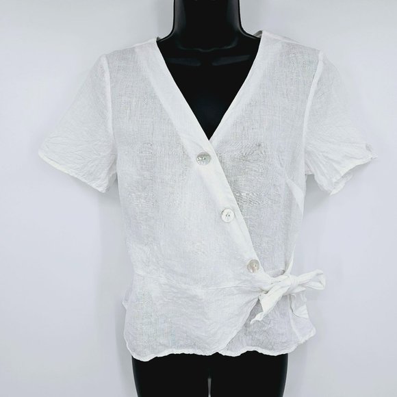 H&M Top 100% Linen Peplum Wrap 4 White Cropped Mother of Pearl Buttons Tie Waist - Picture 1 of 14
